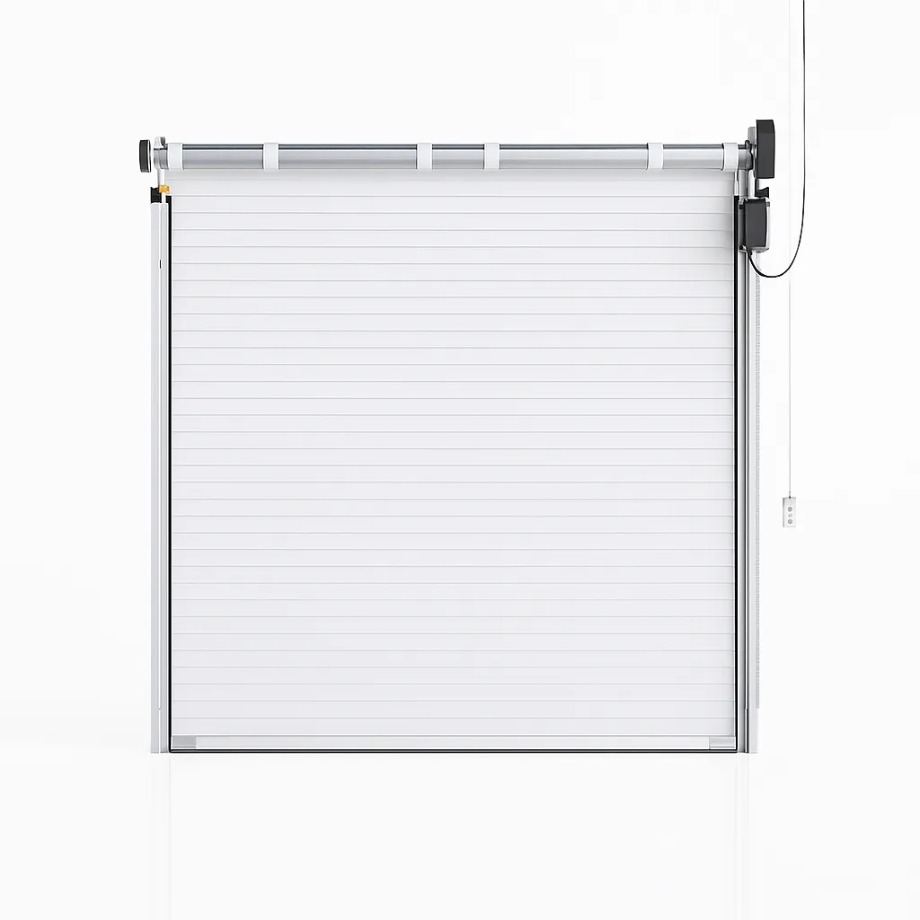 Render de puerta automática seccional para bodega, fondo blanco.