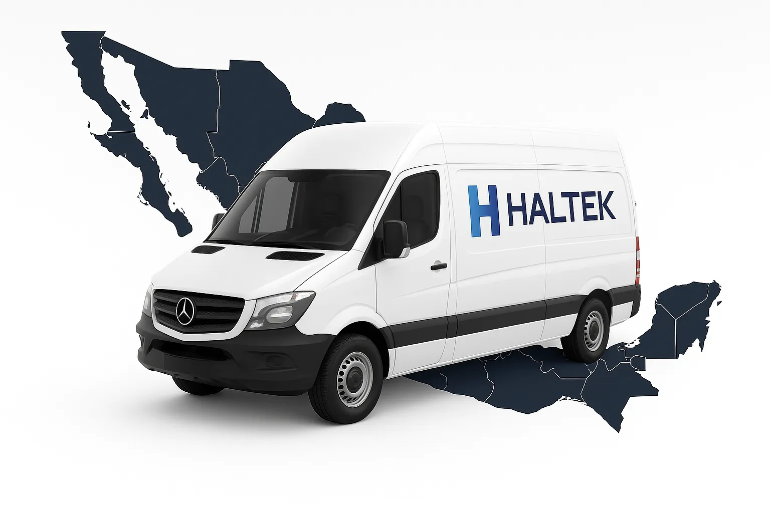 Render de camioneta con logotipo de HALTEK y mapa de México.