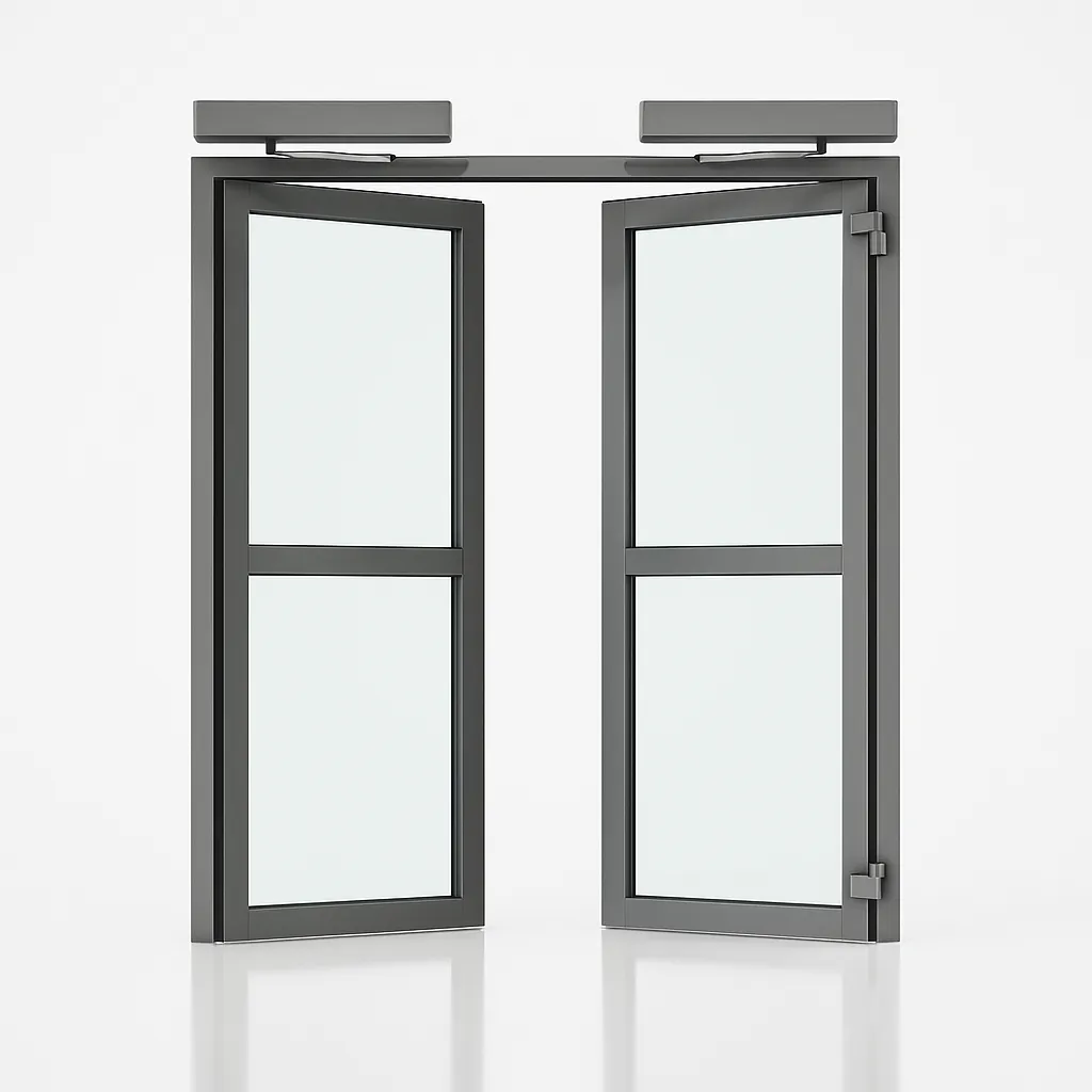 Render de puerta automática abatible de cristal.