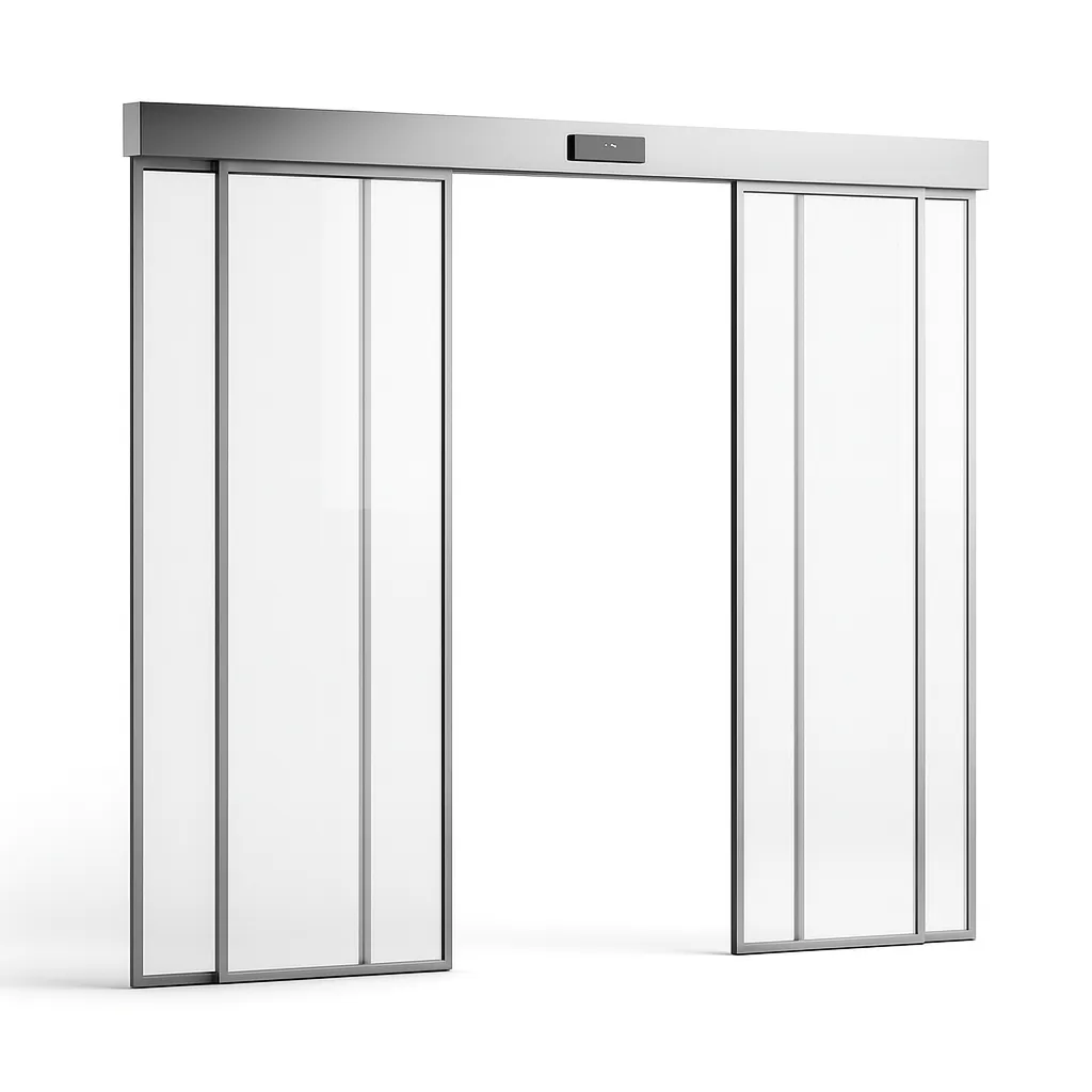 Render de puerta corrediza automática de cristal.