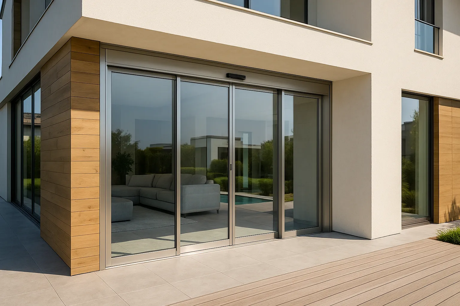 Render de puerta automática de cristal en residencia.