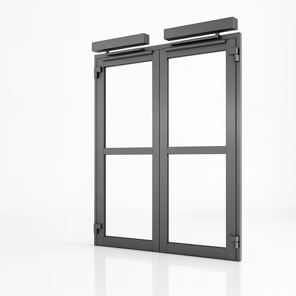 Render de puerta batiente de cristal con marco metálico.