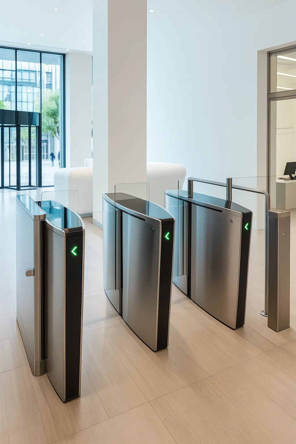 Torniquetes ópticos instalados en vestíbulo corporativo.